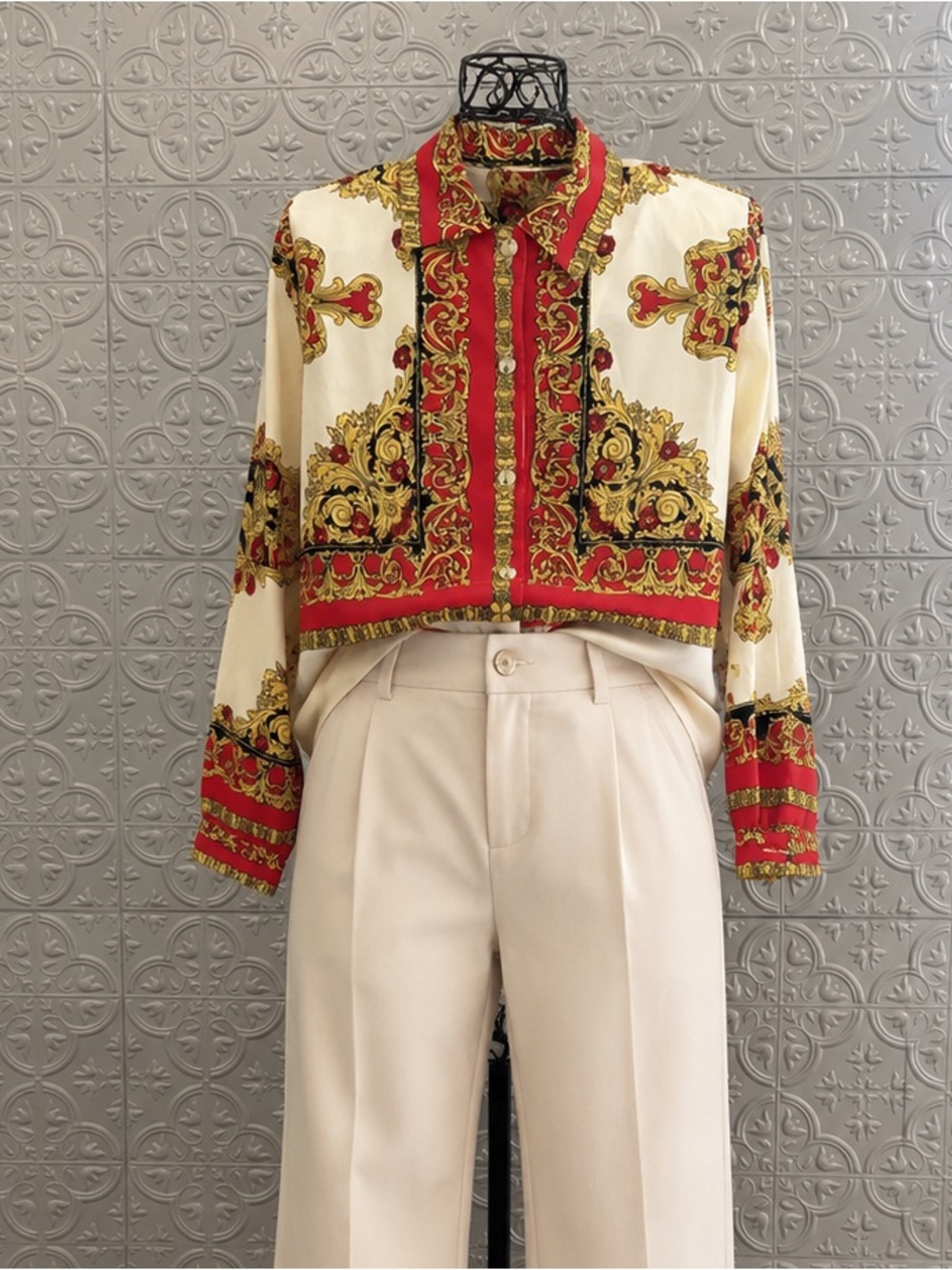 Escada Vintage 80s Silk Satin Baroque Op Art Psychedelic Button Up Blouse Shirt